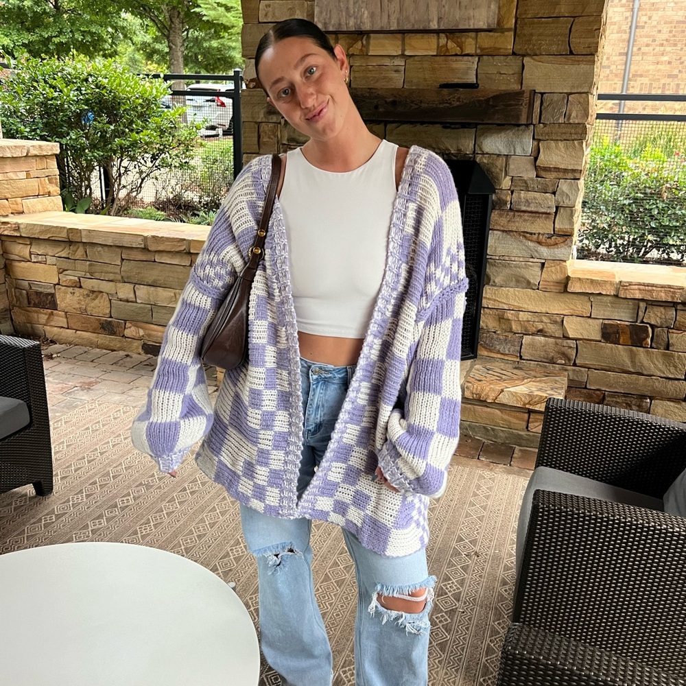 Oversized Chunky Knit Checkered Cardigan
